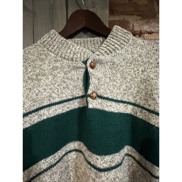 Peconic Bay Traders Fisherman Sweater Mens M Wool Birds Eye Beige Green Stripe - Picture 4 of 11